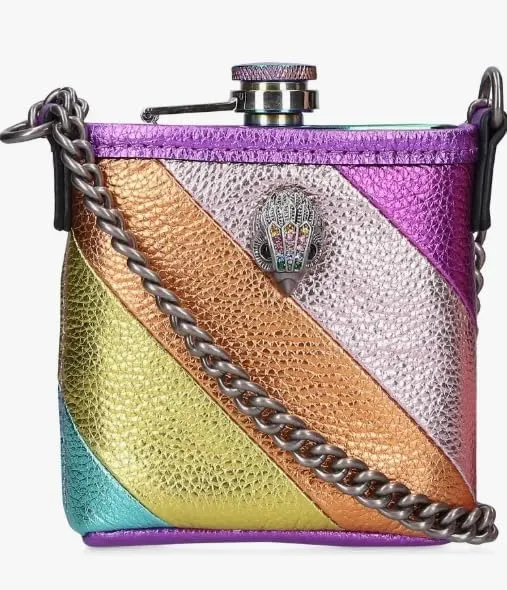 An iridescent flask slips into a striped crossbody pouch crafted from colorful strips of metallic leather. Crossbody strap Leather/metal Imported