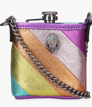 An iridescent flask slips into a striped crossbody pouch crafted from colorful strips of metallic leather. Crossbody strap Leather/metal Imported