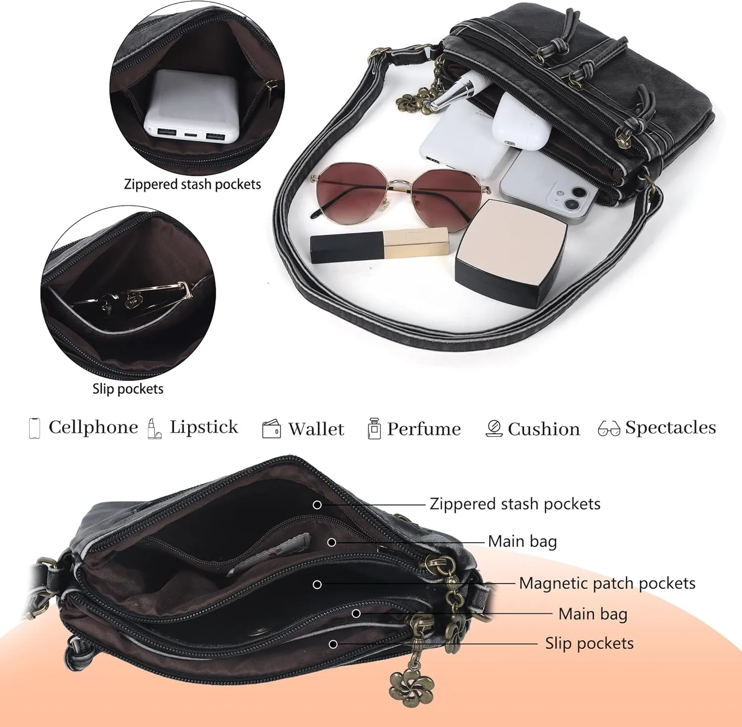 Angel Kiss Small Crossbody Bag for Women Leather Crossbody Purse Triple Compartments Cell Phone Purse Shoulder Bags for Women