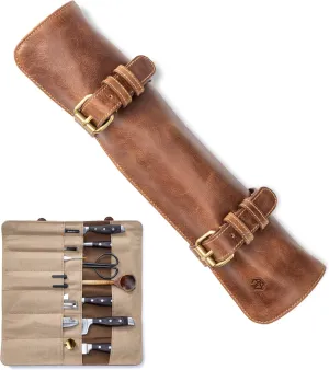 Angus Stoke knife roll bag made of real buffalo leather | 14-slot leather knife case for chef's knives - large knife bag Duplex (brown)