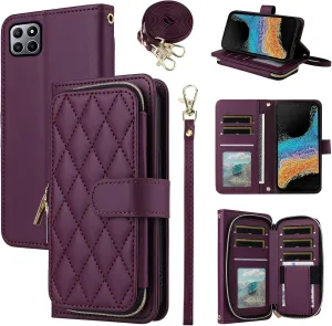 Argyle Wallet Case for Boost Mobile Celero 5G Plus 7 inch 2023 with Wrist Strap Shoulder Strap, 9  Card Slots Zipper Purse Luxury PU Leather Stand Checkered Cell Phone Cover for 5G  Deep Purple