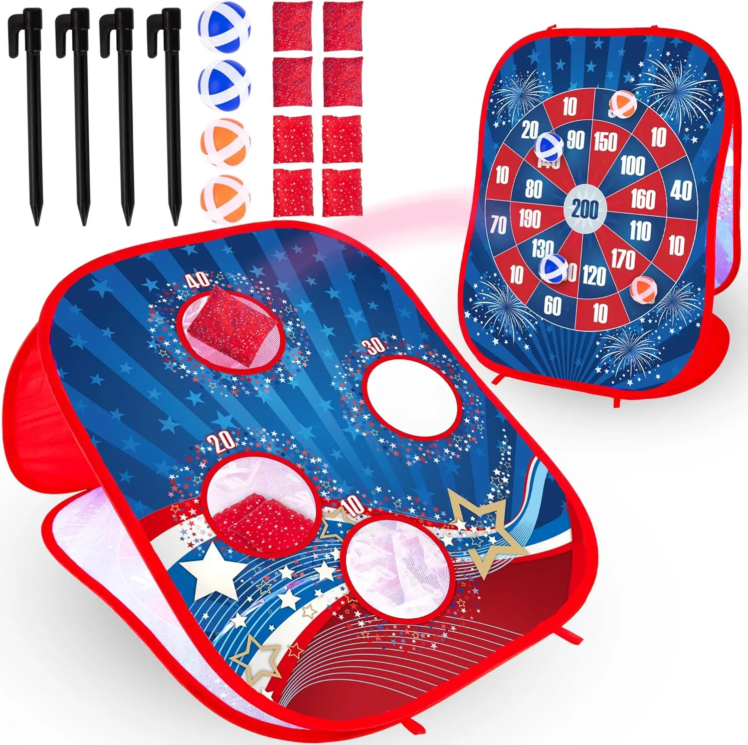 ArtCreativity 4th of July 2 in 1 Bean Bag Toss Game for Kids and Sticky Ball Darts Game - Outdoor Kids Games Ages 3-4 - Kids Cornhole Game Set with American Patriotic Theme