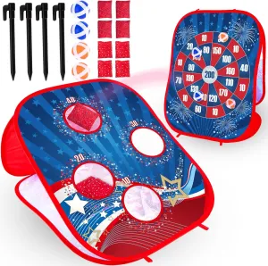 ArtCreativity 4th of July 2 in 1 Bean Bag Toss Game for Kids and Sticky Ball Darts Game - Outdoor Kids Games Ages 3-4 - Kids Cornhole Game Set with American Patriotic Theme