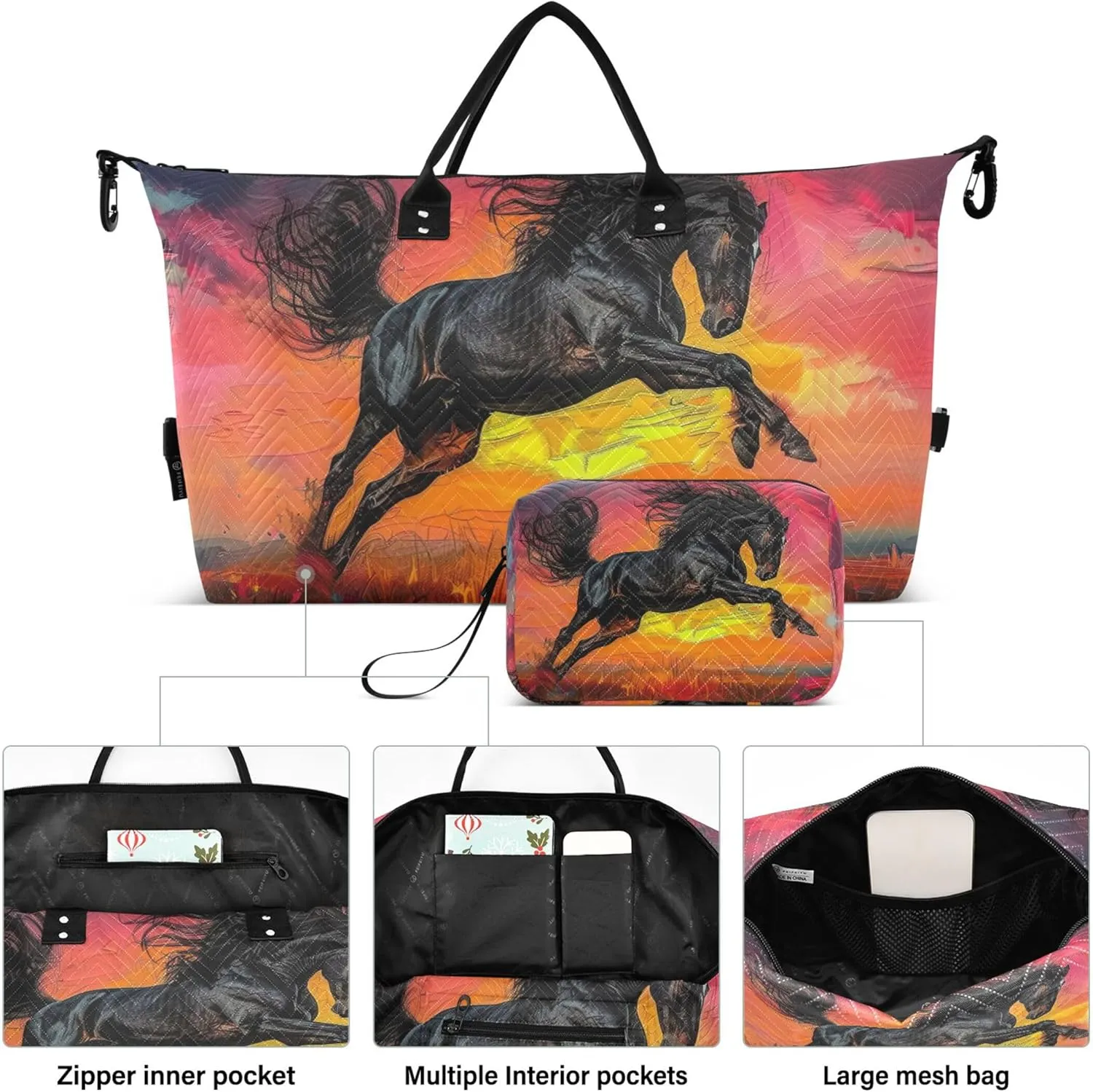 Artist Freehand Painted Oil Painting of Black Horse Duffle Bag for Travel Makeup Bag Set of 2, Animal Women Luggage Bags Carry on Tote