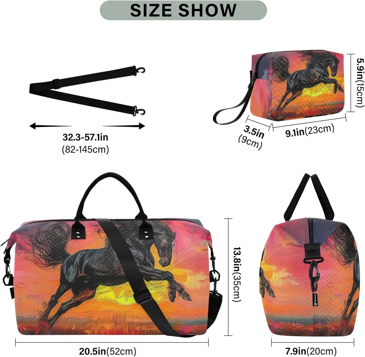 Artist Freehand Painted Oil Painting of Black Horse Duffle Bag for Travel Makeup Bag Set of 2, Animal Women Luggage Bags Carry on Tote