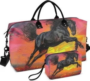 Artist Freehand Painted Oil Painting of Black Horse Duffle Bag for Travel Makeup Bag Set of 2, Animal Women Luggage Bags Carry on Tote