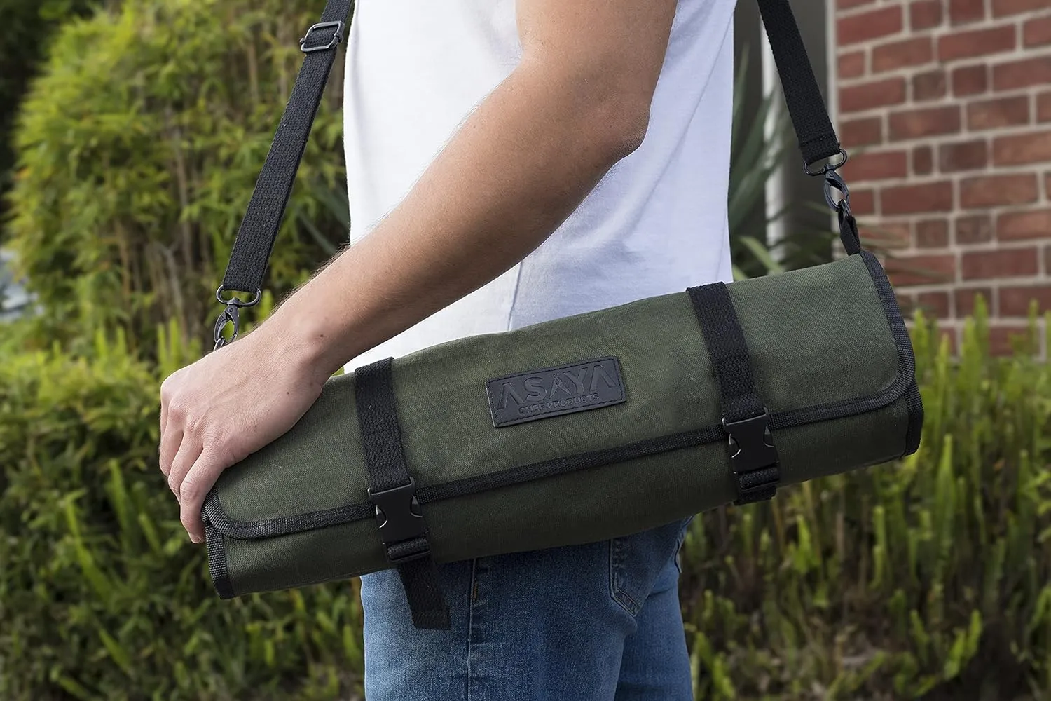 Asaya Canvas Chef Knife Roll Bag - 10 Knife Slots and a Large Zipper Pocket - Durable 10oz Canvas Knife Case with an Adjustable Shoulder Strap - Knives not Included (Forest Green)