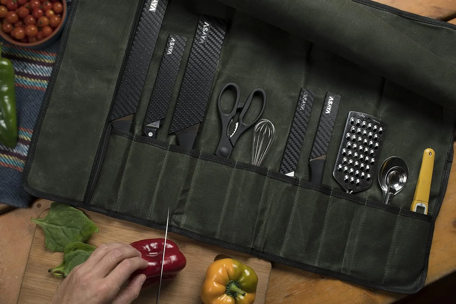 Asaya Canvas Chef Knife Roll Bag - 10 Knife Slots and a Large Zipper Pocket - Durable 10oz Canvas Knife Case with an Adjustable Shoulder Strap - Knives not Included (Forest Green)