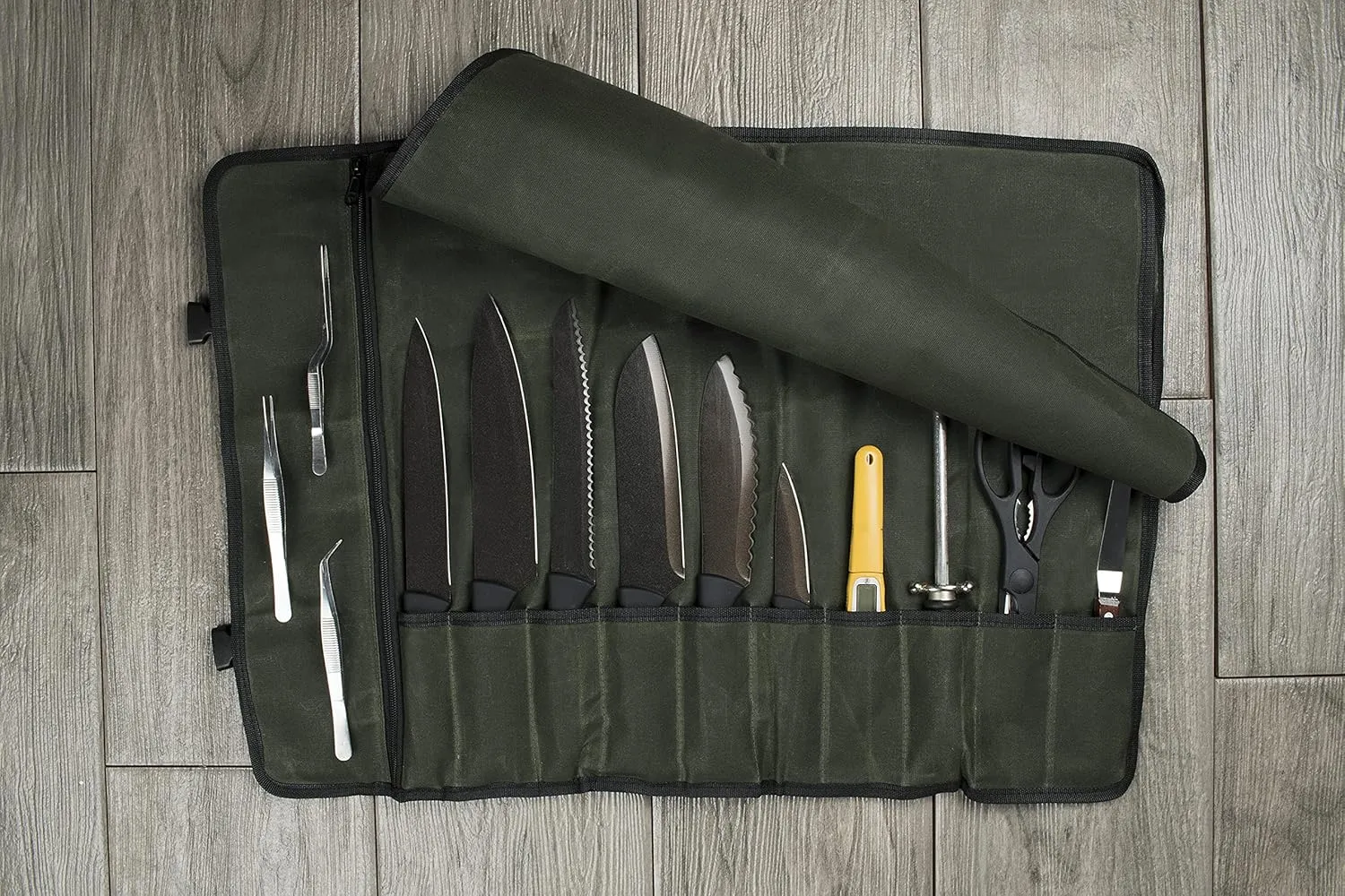 Asaya Canvas Chef Knife Roll Bag - 10 Knife Slots and a Large Zipper Pocket - Durable 10oz Canvas Knife Case with an Adjustable Shoulder Strap - Knives not Included (Forest Green)