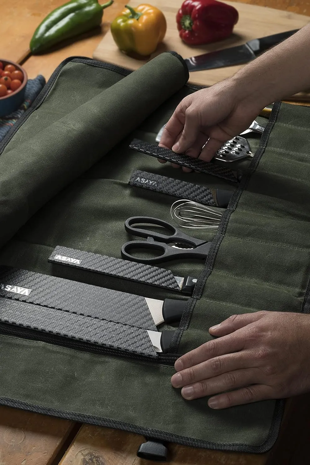 Asaya Canvas Chef Knife Roll Bag - 10 Knife Slots and a Large Zipper Pocket - Durable 10oz Canvas Knife Case with an Adjustable Shoulder Strap - Knives not Included (Forest Green)