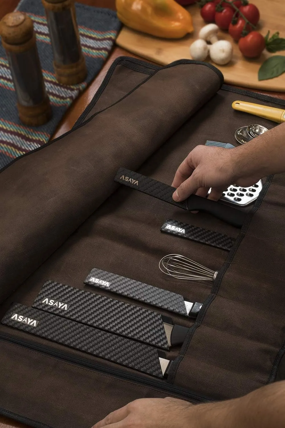 Asaya Canvas Chef Knife Roll Bag - 10 Knife Slots and a Large Zipper Pocket - Durable 10oz Canvas Knife Case with an Adjustable Shoulder Strap - Knives not Included