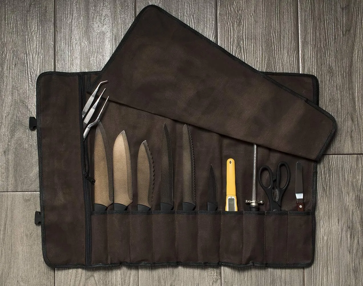 Asaya Canvas Chef Knife Roll Bag - 10 Knife Slots and a Large Zipper Pocket - Durable 10oz Canvas Knife Case with an Adjustable Shoulder Strap - Knives not Included