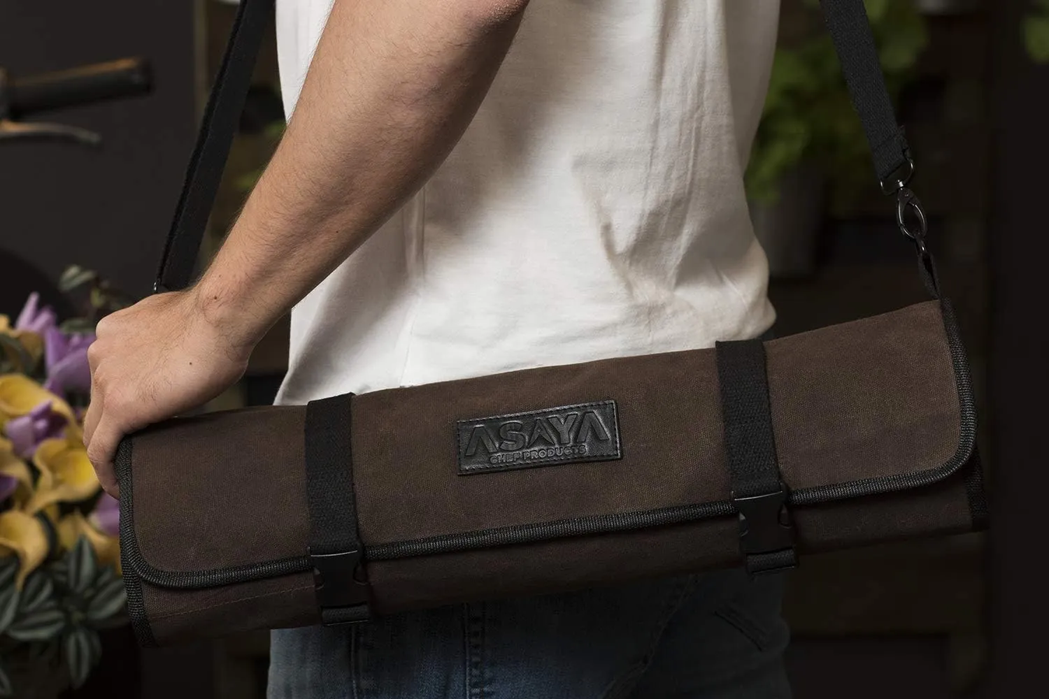 Asaya Canvas Chef Knife Roll Bag - 10 Knife Slots and a Large Zipper Pocket - Durable 10oz Canvas Knife Case with an Adjustable Shoulder Strap - Knives not Included