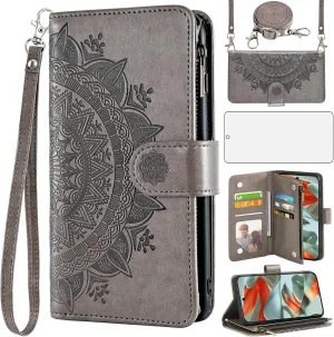 Asuwish Phone Case Compatible with Google Pixel 9 Pro XL Wallet Cell Cover Screen Protector Lanyard Wrist Strap Mandala Flower Flip Zipper Card Holder Slot Stand Pixel9 9Pro 9ProXL Nine Women Gray