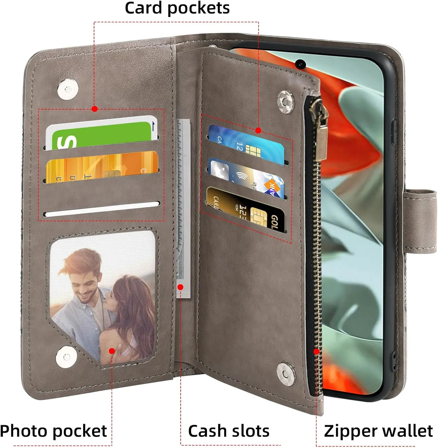 Asuwish Phone Case Compatible with Google Pixel 9 Pro XL Wallet Cell Cover Screen Protector Lanyard Wrist Strap Mandala Flower Flip Zipper Card Holder Slot Stand Pixel9 9Pro 9ProXL Nine Women Gray