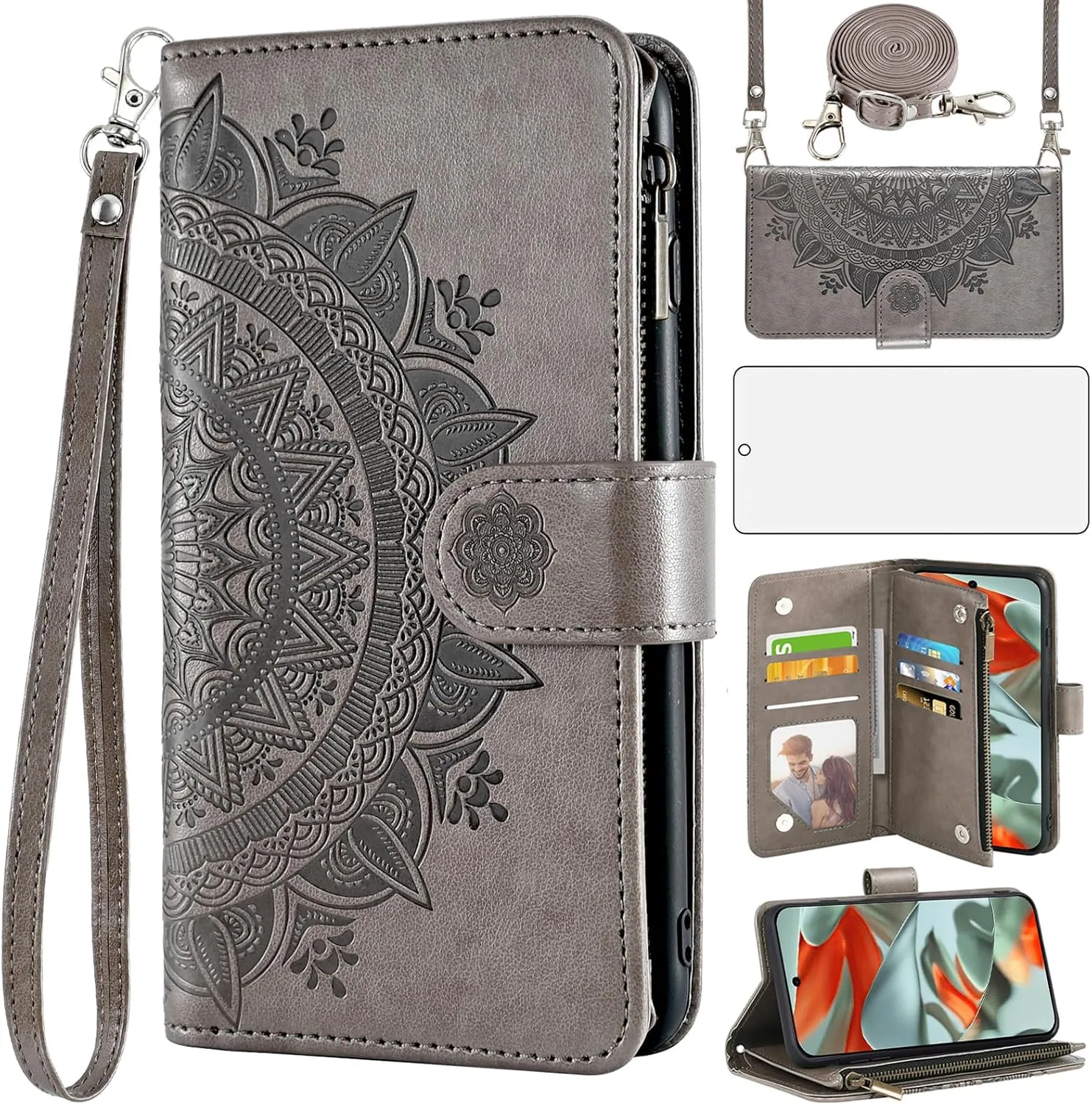 Asuwish Phone Case Compatible with Google Pixel 9 Pro XL Wallet Cell Cover Screen Protector Lanyard Wrist Strap Mandala Flower Flip Zipper Card Holder Slot Stand Pixel9 9Pro 9ProXL Nine Women Gray