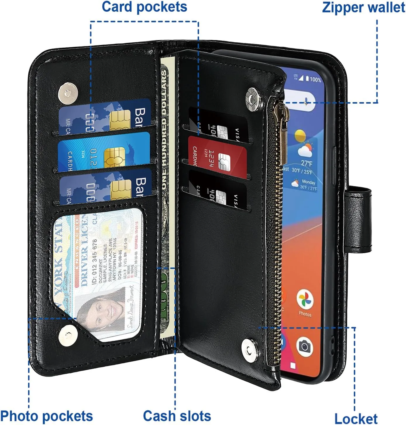 Asuwish Phone Case for Consumer Cellular ZMAX 5G / ZTE ZMAX 5G Z7540 Wallet Cell Cover with Tempered Glass Screen Protector Crossbody Strap Flip Zipper Card Holder Slot Stand Women Girls Men Black