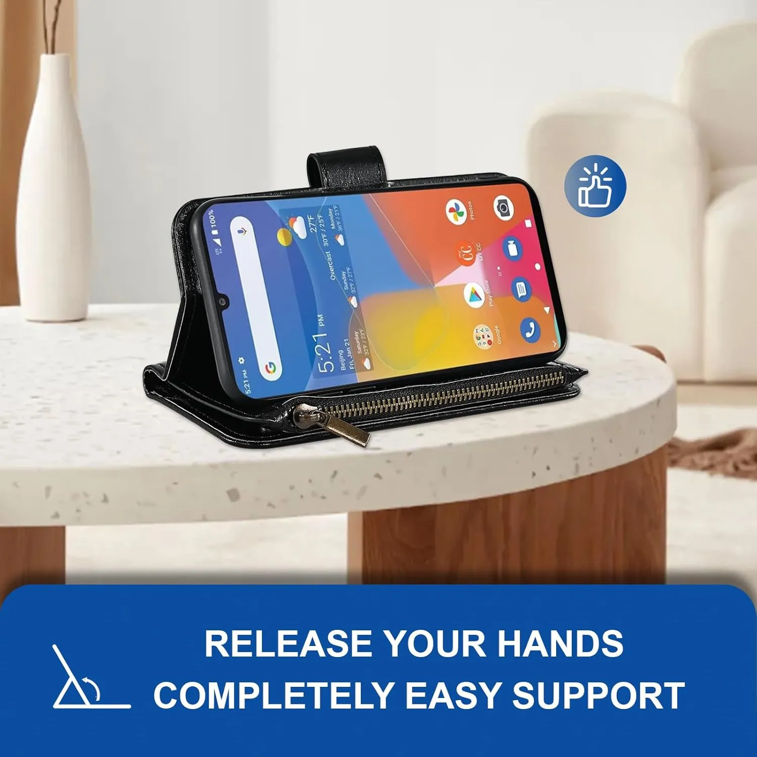 Asuwish Phone Case for Consumer Cellular ZMAX 5G / ZTE ZMAX 5G Z7540 Wallet Cell Cover with Tempered Glass Screen Protector Crossbody Strap Flip Zipper Card Holder Slot Stand Women Girls Men Black