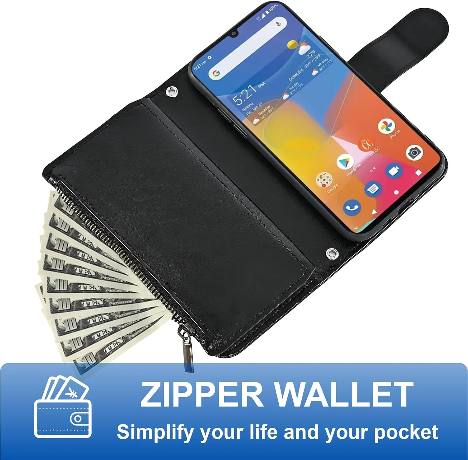 Asuwish Phone Case for Consumer Cellular ZMAX 5G / ZTE ZMAX 5G Z7540 Wallet Cell Cover with Tempered Glass Screen Protector Crossbody Strap Flip Zipper Card Holder Slot Stand Women Girls Men Black