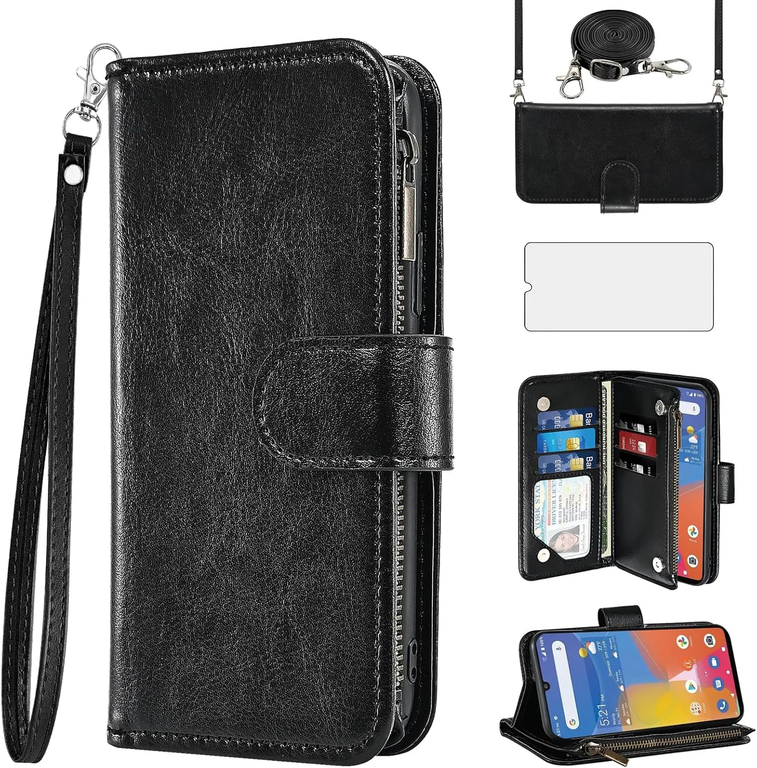 Asuwish Phone Case for Consumer Cellular ZMAX 5G / ZTE ZMAX 5G Z7540 Wallet Cell Cover with Tempered Glass Screen Protector Crossbody Strap Flip Zipper Card Holder Slot Stand Women Girls Men Black