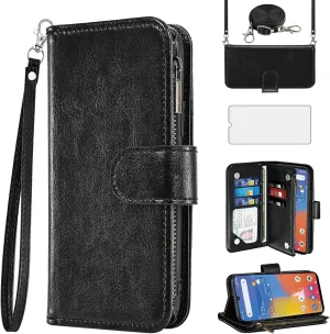 Asuwish Phone Case for Consumer Cellular ZMAX 5G / ZTE ZMAX 5G Z7540 Wallet Cell Cover with Tempered Glass Screen Protector Crossbody Strap Flip Zipper Card Holder Slot Stand Women Girls Men Black