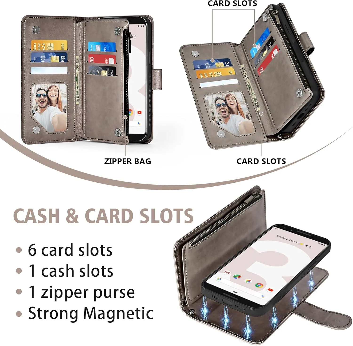 Asuwish Phone Case for Google Pixel 3 Zipper Wallet Magnetic Detachable Cell Cover with Tempered Glass Screen Protector Crossbody Strap Flower Card Holder Slot Pixel3 III Pixle 3case Women Girls Gray