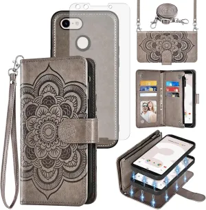 Asuwish Phone Case for Google Pixel 3 Zipper Wallet Magnetic Detachable Cell Cover with Tempered Glass Screen Protector Crossbody Strap Flower Card Holder Slot Pixel3 III Pixle 3case Women Girls Gray