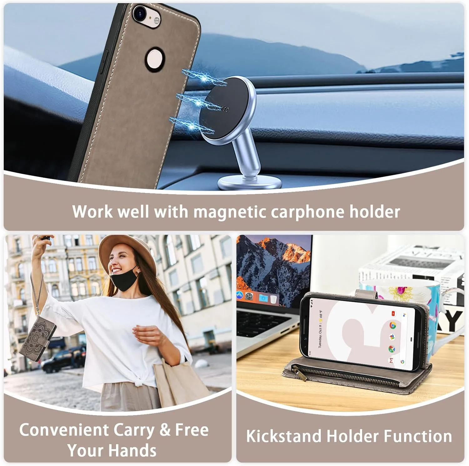 Asuwish Phone Case for Google Pixel 3 Zipper Wallet Magnetic Detachable Cell Cover with Tempered Glass Screen Protector Crossbody Strap Flower Card Holder Slot Pixel3 III Pixle 3case Women Girls Gray