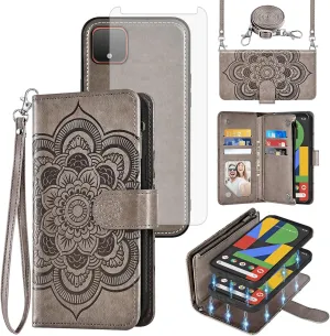 Asuwish Phone Case for Google Pixel 4 XL Zipper Wallet Magnetic Detachable Cell Cover with Tempered Glass Screen Protector Crossbody Strap Flower Card Holder Pixle 4XL Pixel4XL 4LX LX Women Girls Gray
