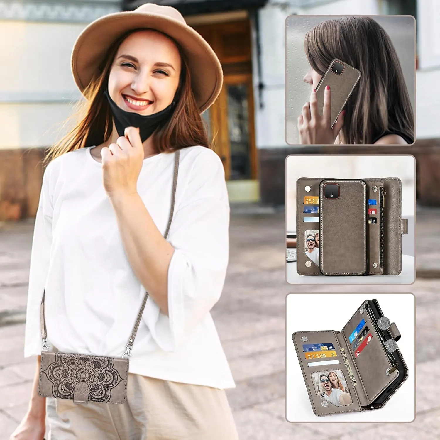 Asuwish Phone Case for Google Pixel 4 XL Zipper Wallet Magnetic Detachable Cell Cover with Tempered Glass Screen Protector Crossbody Strap Flower Card Holder Pixle 4XL Pixel4XL 4LX LX Women Girls Gray
