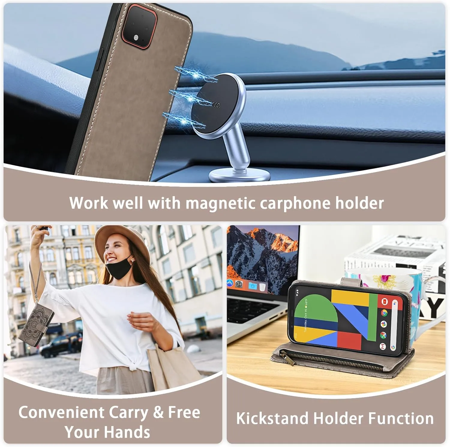 Asuwish Phone Case for Google Pixel 4 XL Zipper Wallet Magnetic Detachable Cell Cover with Tempered Glass Screen Protector Crossbody Strap Flower Card Holder Pixle 4XL Pixel4XL 4LX LX Women Girls Gray