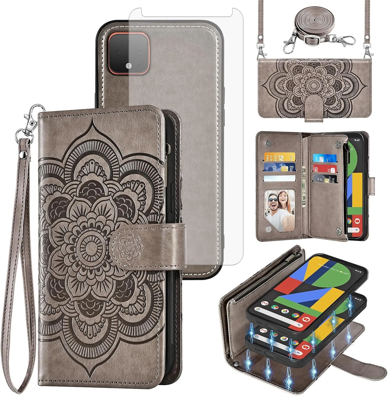 Asuwish Phone Case for Google Pixel 4 XL Zipper Wallet Magnetic Detachable Cell Cover with Tempered Glass Screen Protector Crossbody Strap Flower Card Holder Pixle 4XL Pixel4XL 4LX LX Women Girls Gray