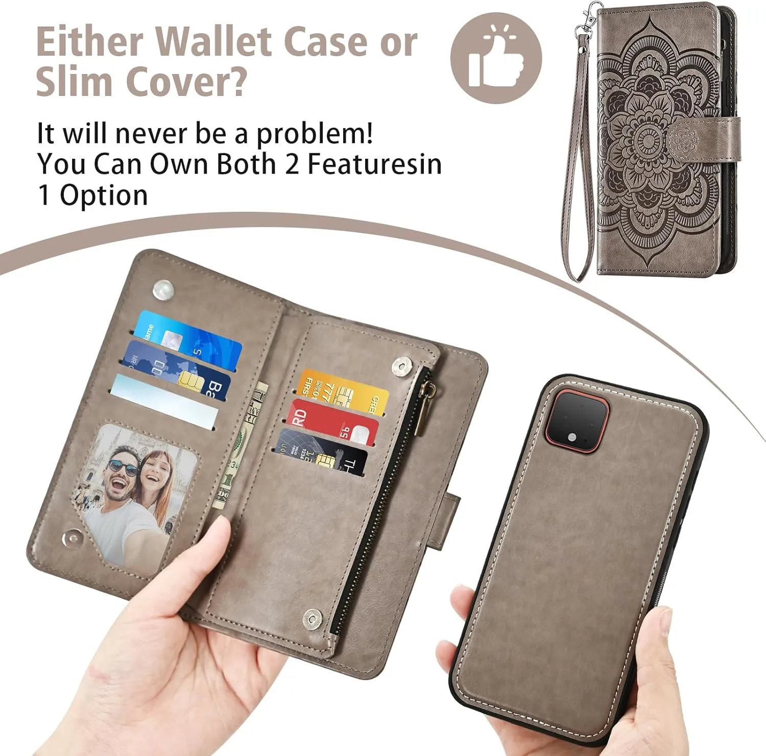 Asuwish Phone Case for Google Pixel 4 XL Zipper Wallet Magnetic Detachable Cell Cover with Tempered Glass Screen Protector Crossbody Strap Flower Card Holder Pixle 4XL Pixel4XL 4LX LX Women Girls Gray