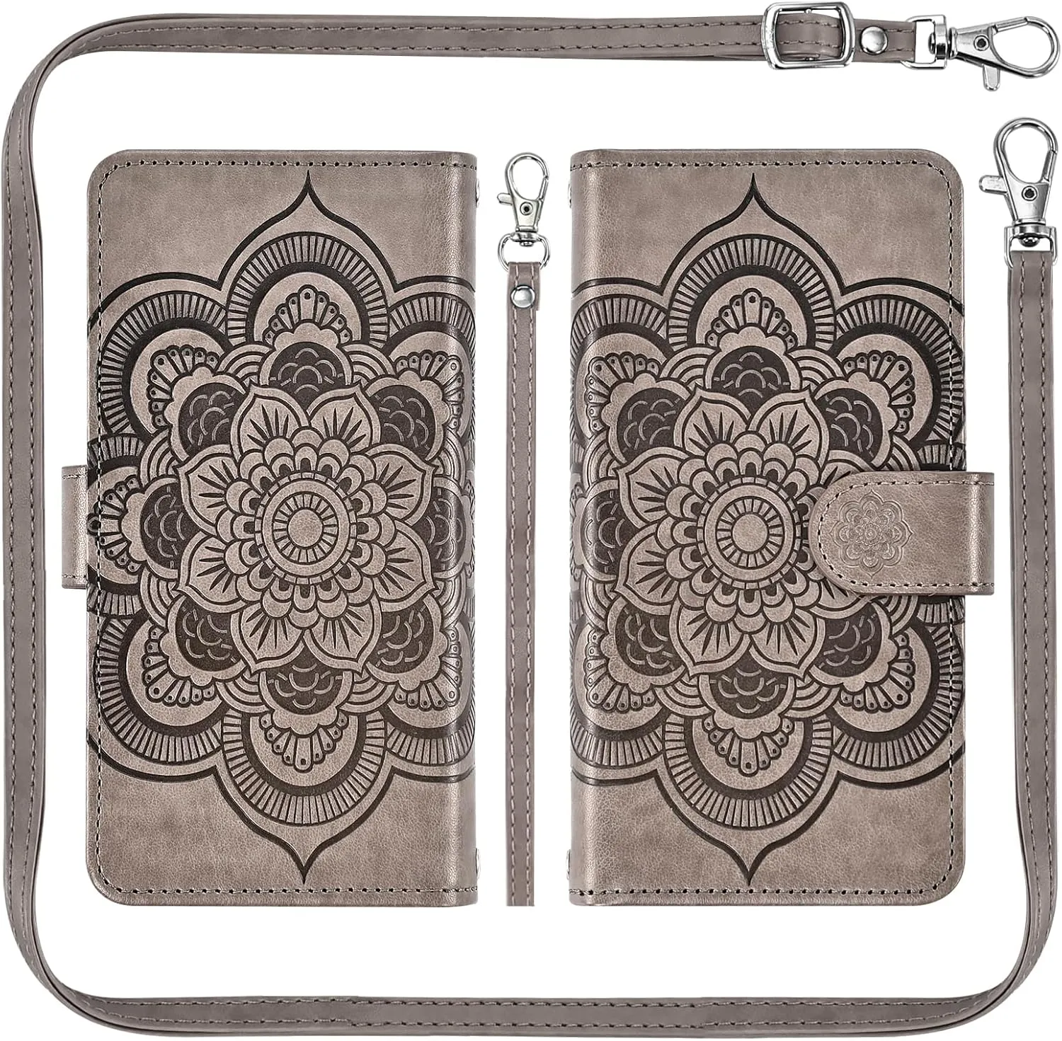 Asuwish Phone Case for Google Pixel 4 XL Zipper Wallet Magnetic Detachable Cell Cover with Tempered Glass Screen Protector Crossbody Strap Flower Card Holder Pixle 4XL Pixel4XL 4LX LX Women Girls Gray