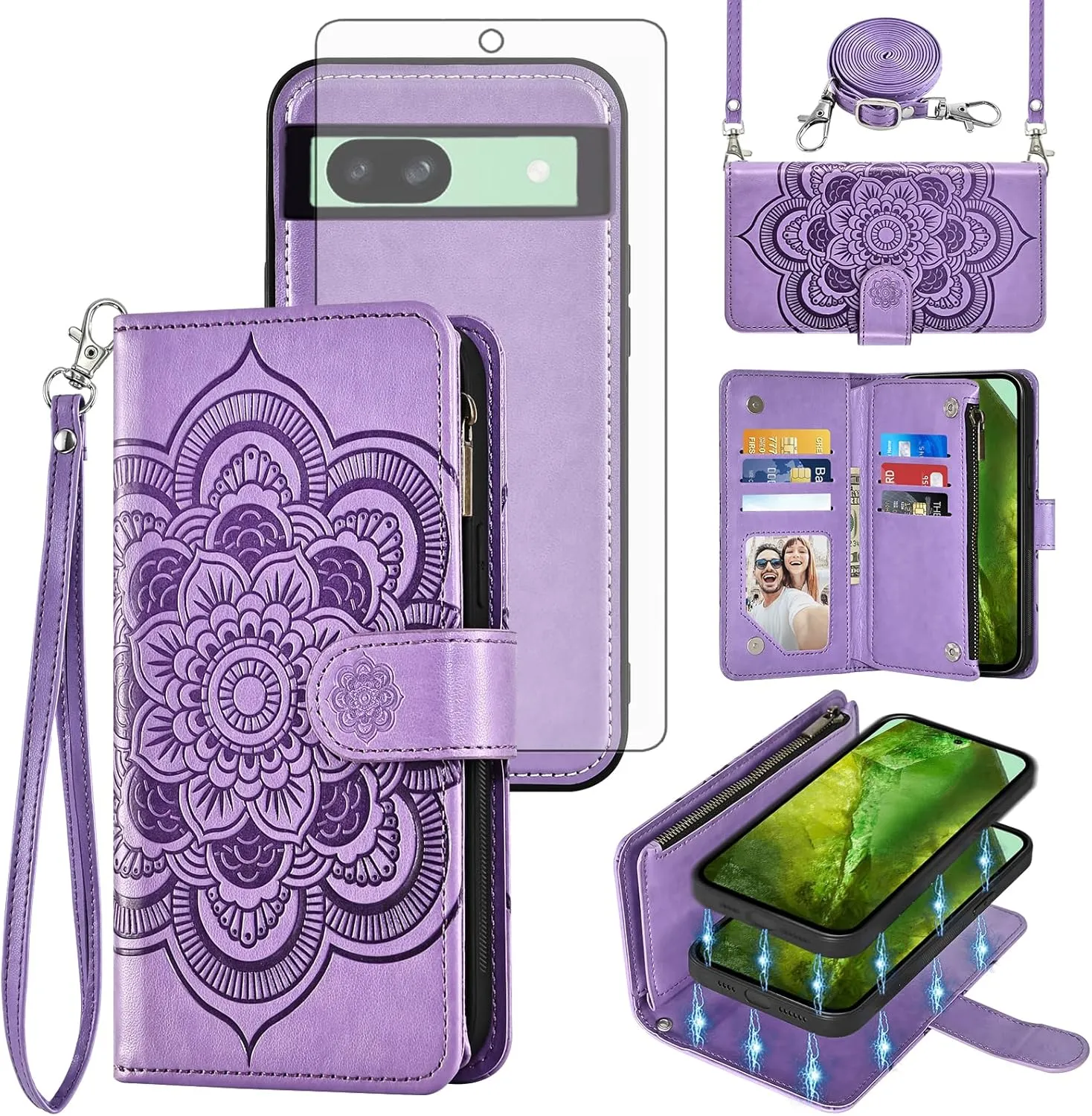 Asuwish Phone Case for Google Pixel 8A 5G Zipper Wallet Magnetic Detachable Cell Cover with Tempered Glass Screen Protector Crossbody Lanyard Strap Mandala Flower Card Holder Pixel8A A8 Women Purple