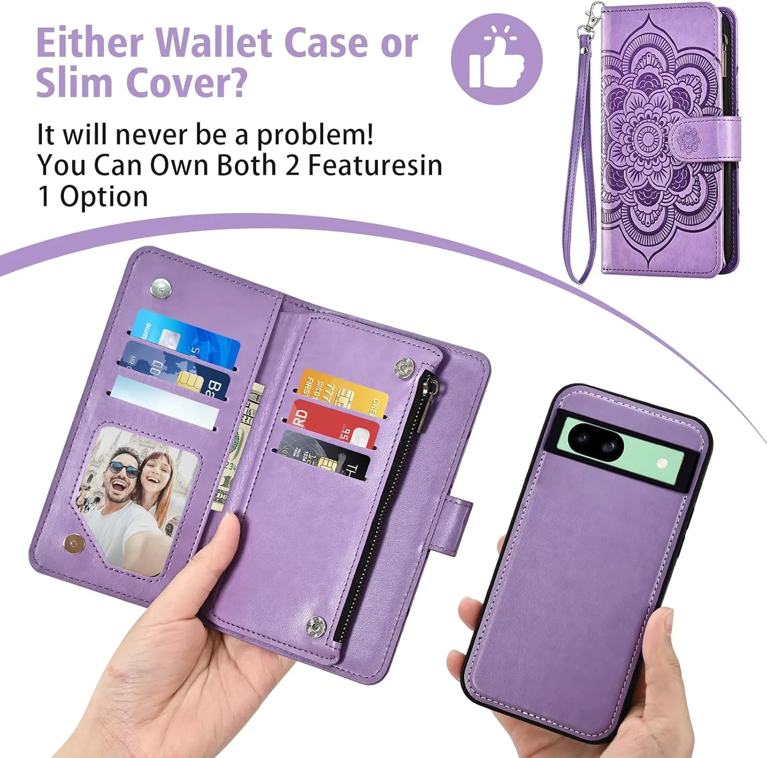 Asuwish Phone Case for Google Pixel 8A 5G Zipper Wallet Magnetic Detachable Cell Cover with Tempered Glass Screen Protector Crossbody Lanyard Strap Mandala Flower Card Holder Pixel8A A8 Women Purple