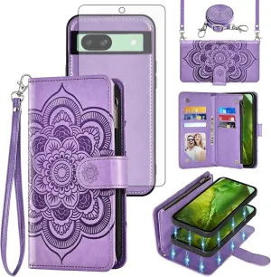 Asuwish Phone Case for Google Pixel 8A 5G Zipper Wallet Magnetic Detachable Cell Cover with Tempered Glass Screen Protector Crossbody Lanyard Strap Mandala Flower Card Holder Pixel8A A8 Women Purple