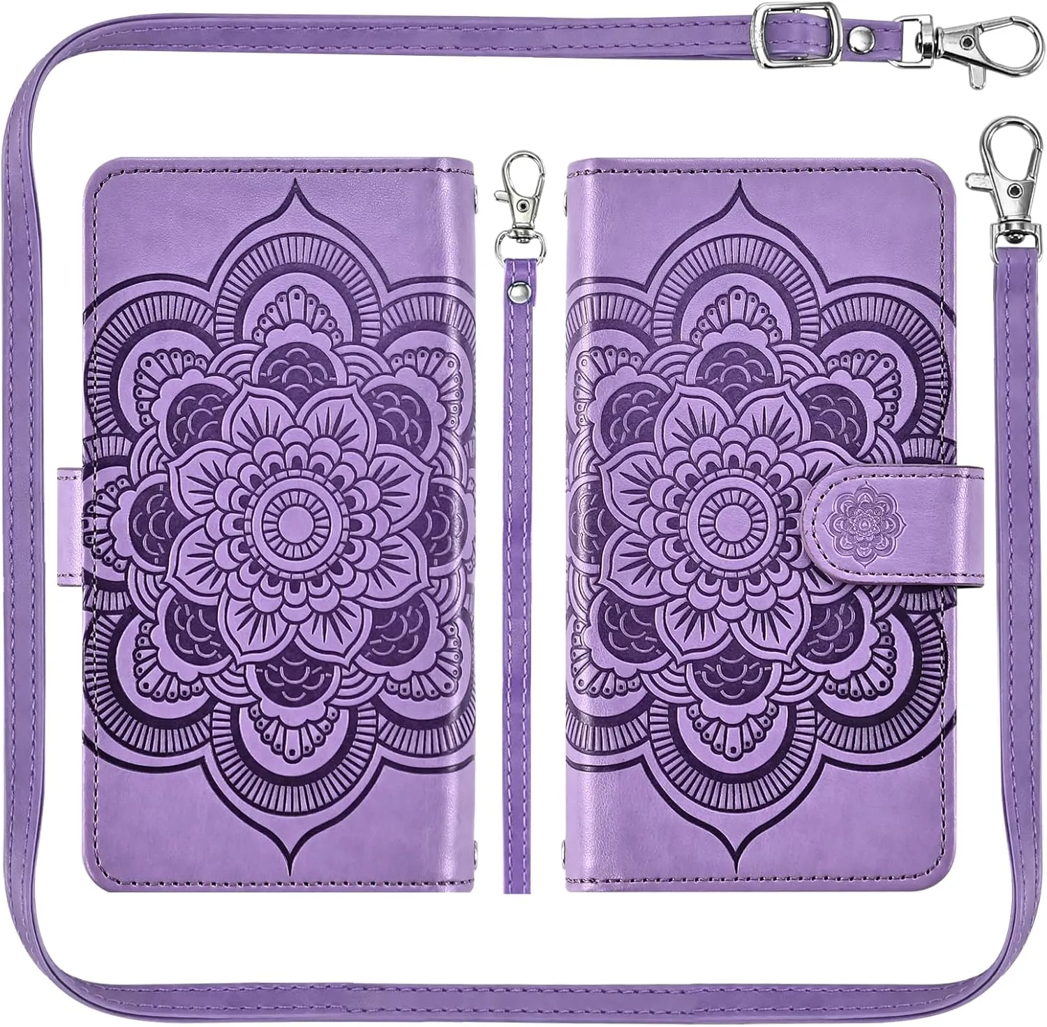 Asuwish Phone Case for Google Pixel 8A 5G Zipper Wallet Magnetic Detachable Cell Cover with Tempered Glass Screen Protector Crossbody Lanyard Strap Mandala Flower Card Holder Pixel8A A8 Women Purple