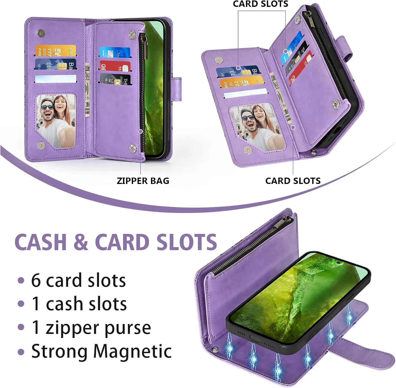 Asuwish Phone Case for Google Pixel 8A 5G Zipper Wallet Magnetic Detachable Cell Cover with Tempered Glass Screen Protector Crossbody Lanyard Strap Mandala Flower Card Holder Pixel8A A8 Women Purple
