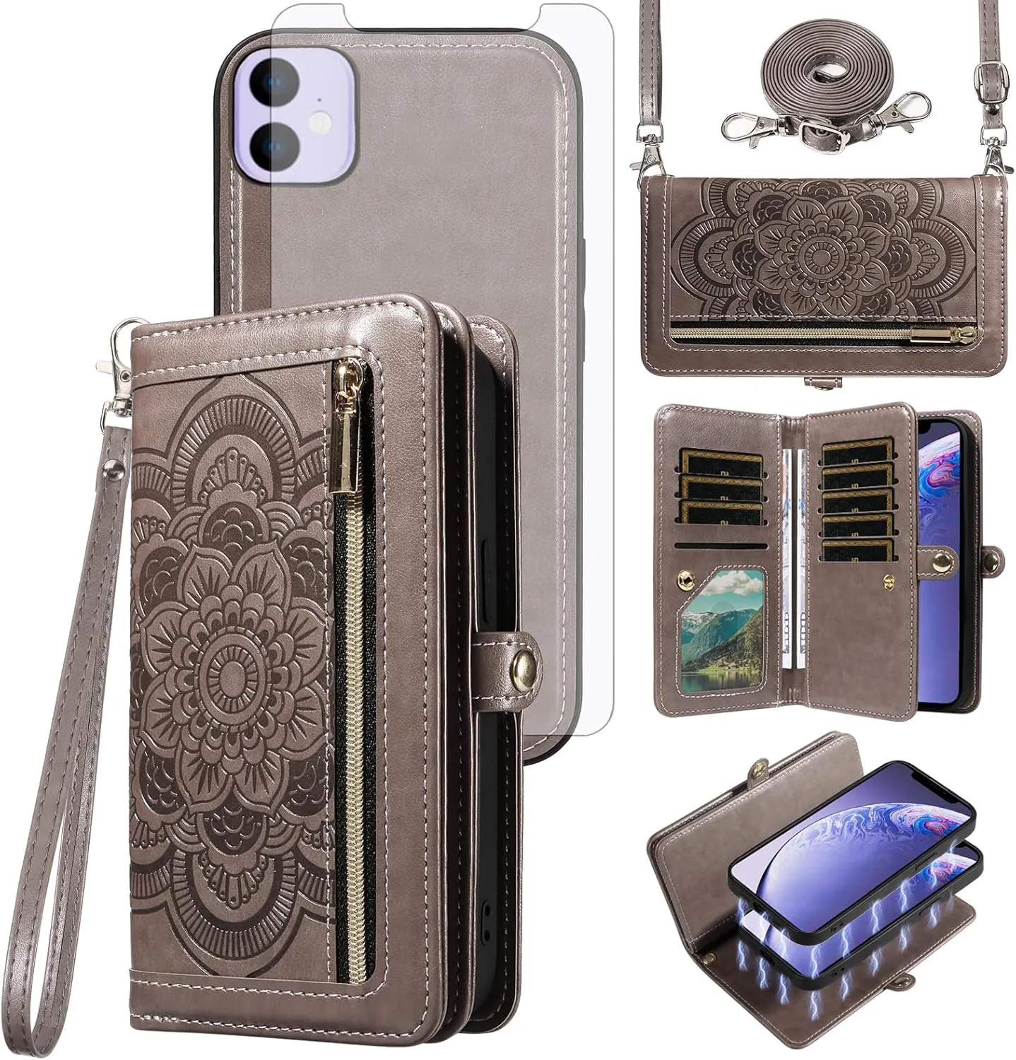 Asuwish Phone Case for iPhone 11 6.1 Zipper Wallet Detachable Cell Cover with Tempered Glass Screen Protector Crossbody Strap Flower Card Holder iphone11case iPhone11 i Phone11 11s XI 11R Women Gray
