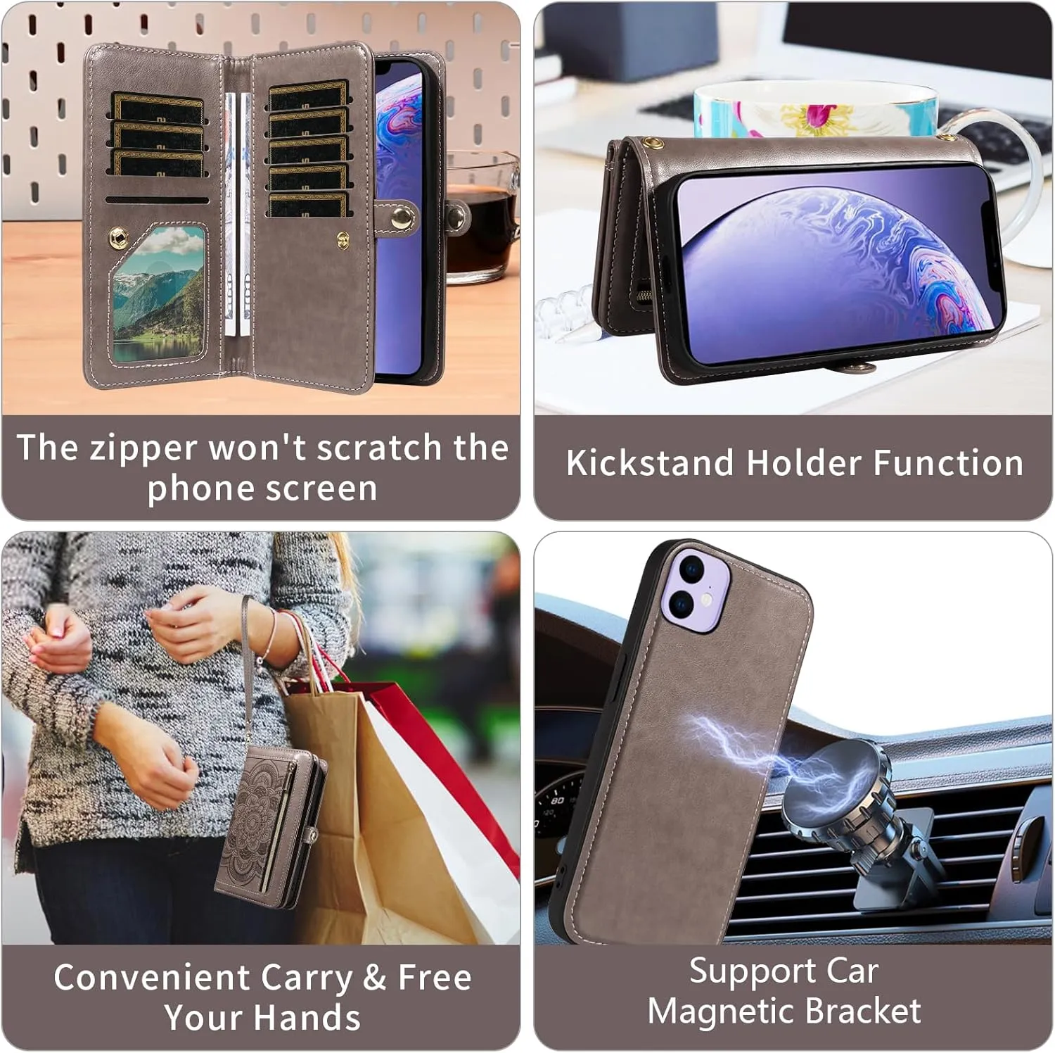 Asuwish Phone Case for iPhone 11 6.1 Zipper Wallet Detachable Cell Cover with Tempered Glass Screen Protector Crossbody Strap Flower Card Holder iphone11case iPhone11 i Phone11 11s XI 11R Women Gray