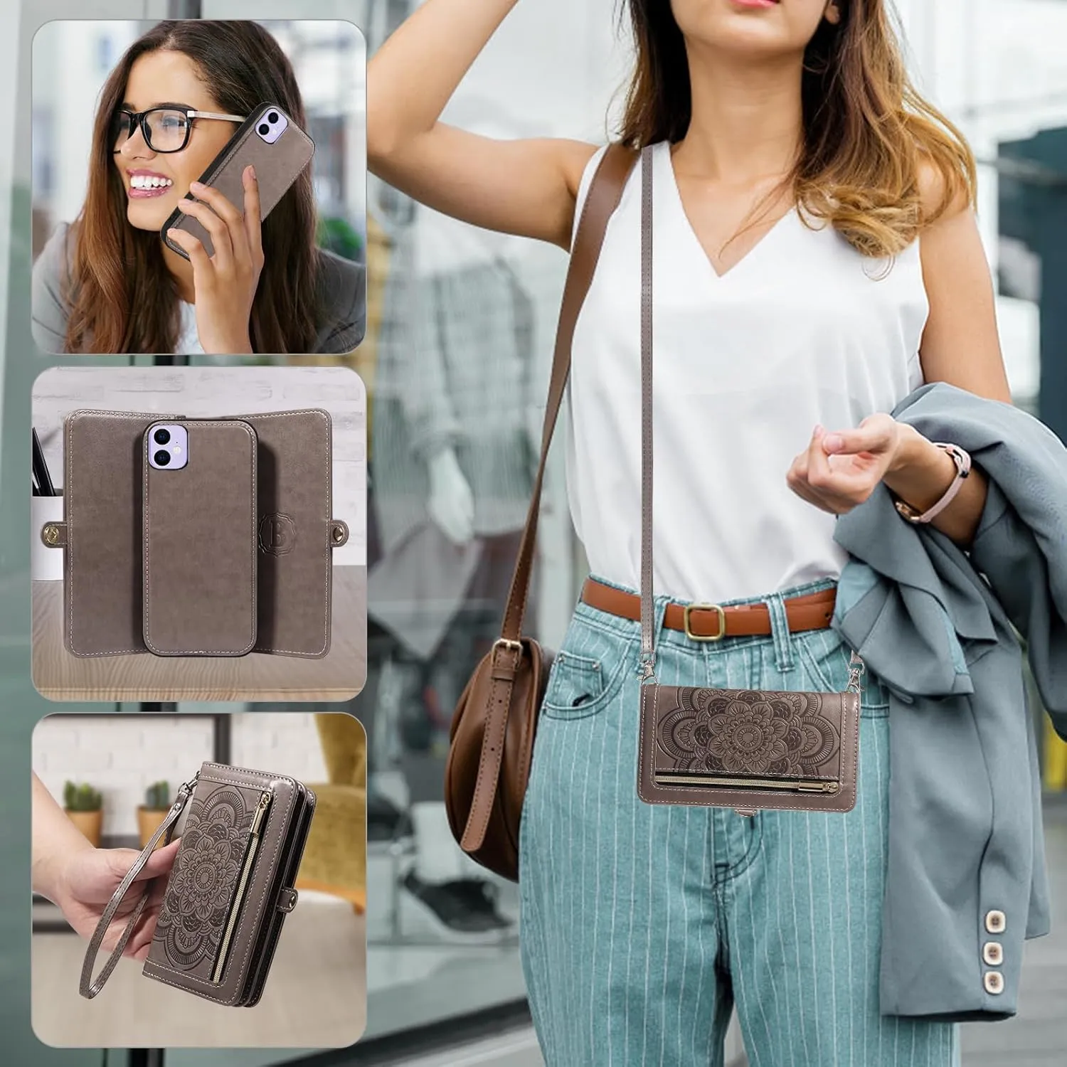 Asuwish Phone Case for iPhone 11 6.1 Zipper Wallet Detachable Cell Cover with Tempered Glass Screen Protector Crossbody Strap Flower Card Holder iphone11case iPhone11 i Phone11 11s XI 11R Women Gray