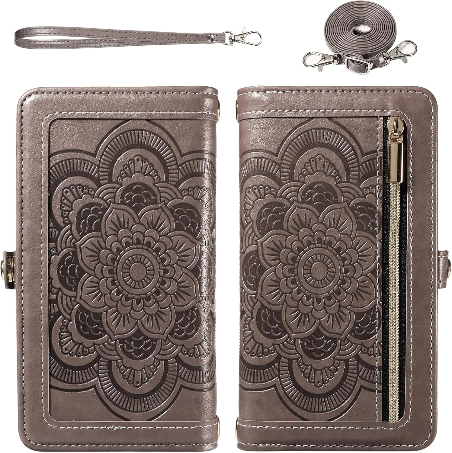 Asuwish Phone Case for iPhone 11 6.1 Zipper Wallet Detachable Cell Cover with Tempered Glass Screen Protector Crossbody Strap Flower Card Holder iphone11case iPhone11 i Phone11 11s XI 11R Women Gray