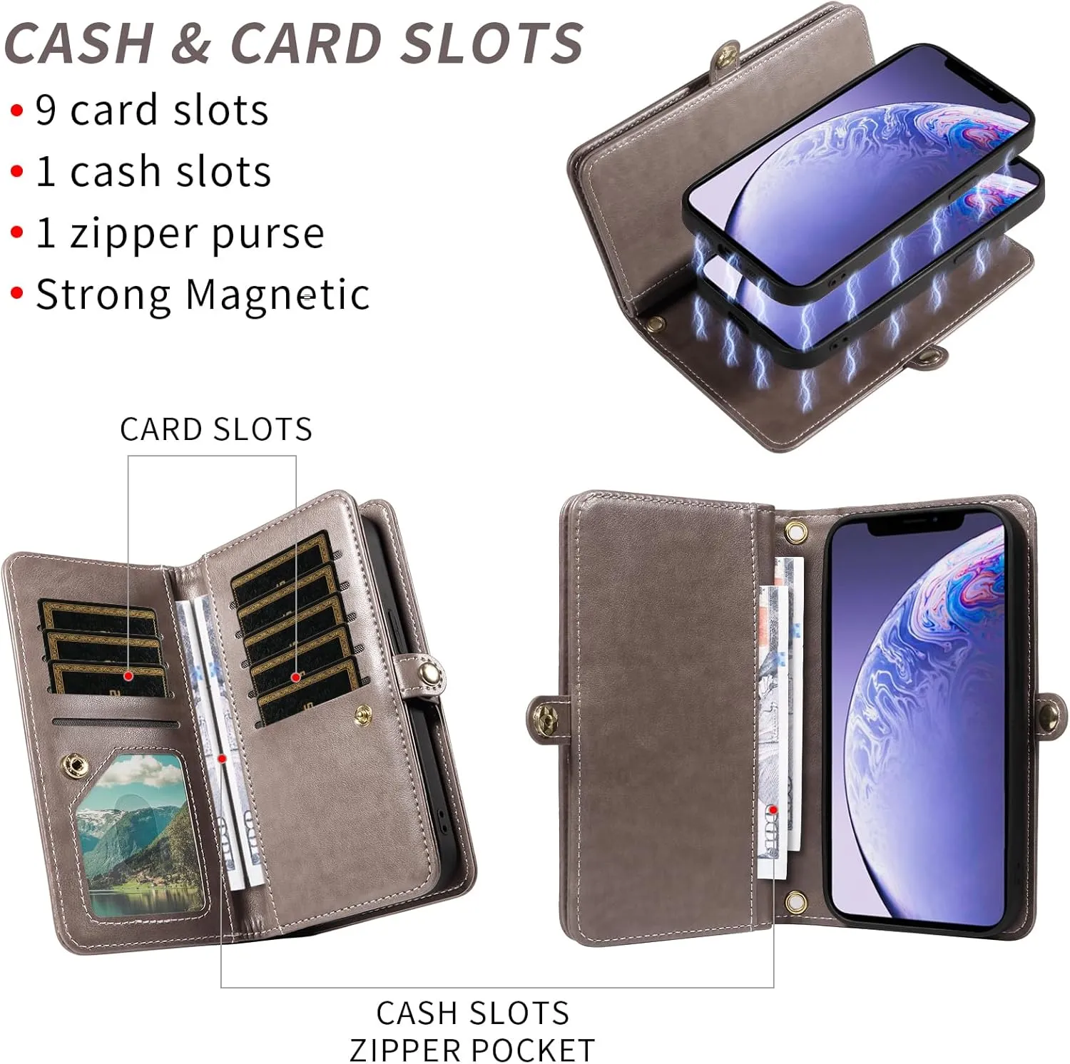 Asuwish Phone Case for iPhone 11 6.1 Zipper Wallet Detachable Cell Cover with Tempered Glass Screen Protector Crossbody Strap Flower Card Holder iphone11case iPhone11 i Phone11 11s XI 11R Women Gray