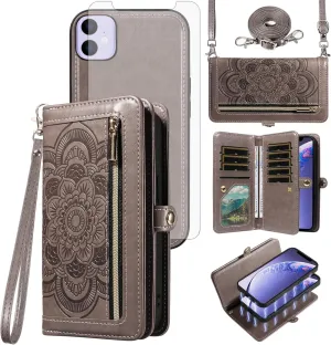 Asuwish Phone Case for iPhone 11 6.1 Zipper Wallet Detachable Cell Cover with Tempered Glass Screen Protector Crossbody Strap Flower Card Holder iphone11case iPhone11 i Phone11 11s XI 11R Women Gray