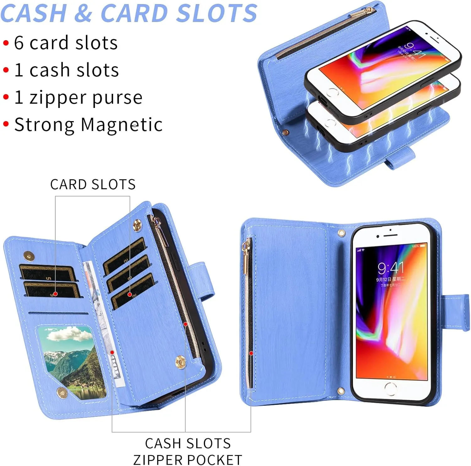 Asuwish Phone Case for iPhone 7/8/SE 2020/2022 Zipper Wallet Cell Cover with Screen Protector Strap Card Holder iPhone7 iPhone8 7s 8s i SE2020 SE2022 2/2nd/3/3rd Generation SE2 SE3 7SE 8SE Women Blue