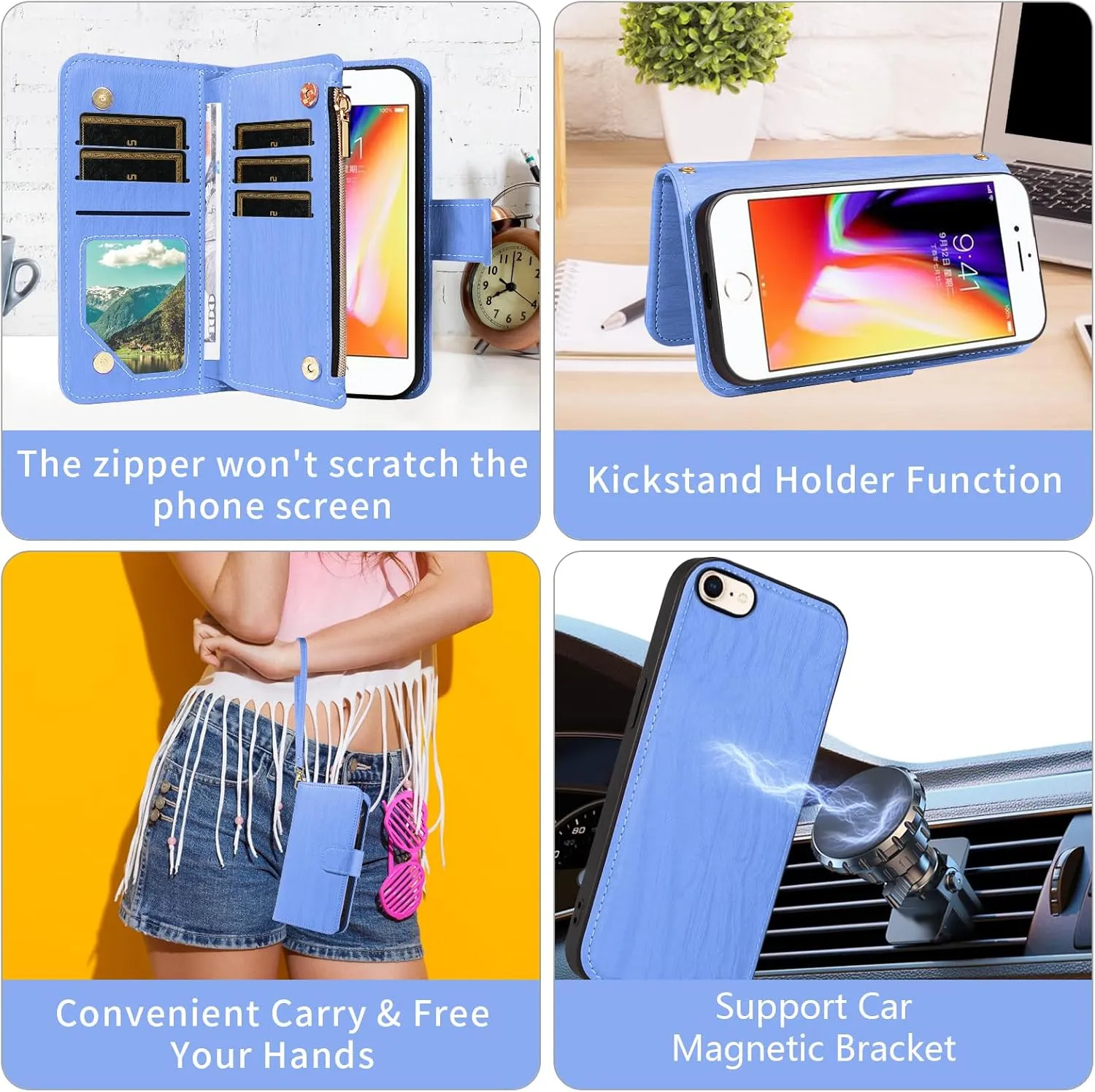Asuwish Phone Case for iPhone 7/8/SE 2020/2022 Zipper Wallet Cell Cover with Screen Protector Strap Card Holder iPhone7 iPhone8 7s 8s i SE2020 SE2022 2/2nd/3/3rd Generation SE2 SE3 7SE 8SE Women Blue