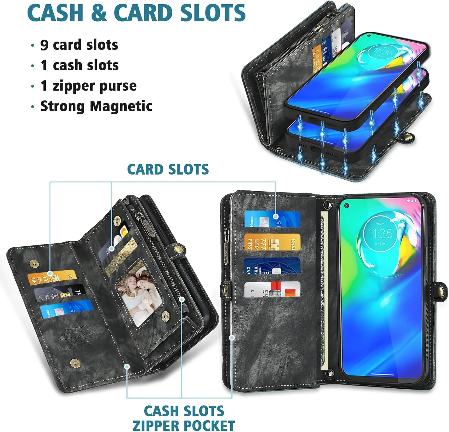Asuwish Phone Case for Moto G Power 2020 Zipper Wallet Magnetic Detachable Cell Cover with Tempered Glass Screen Protector Crossbody Lanyard Strap Flip Card Holder Motorola GPower Women Girls Black