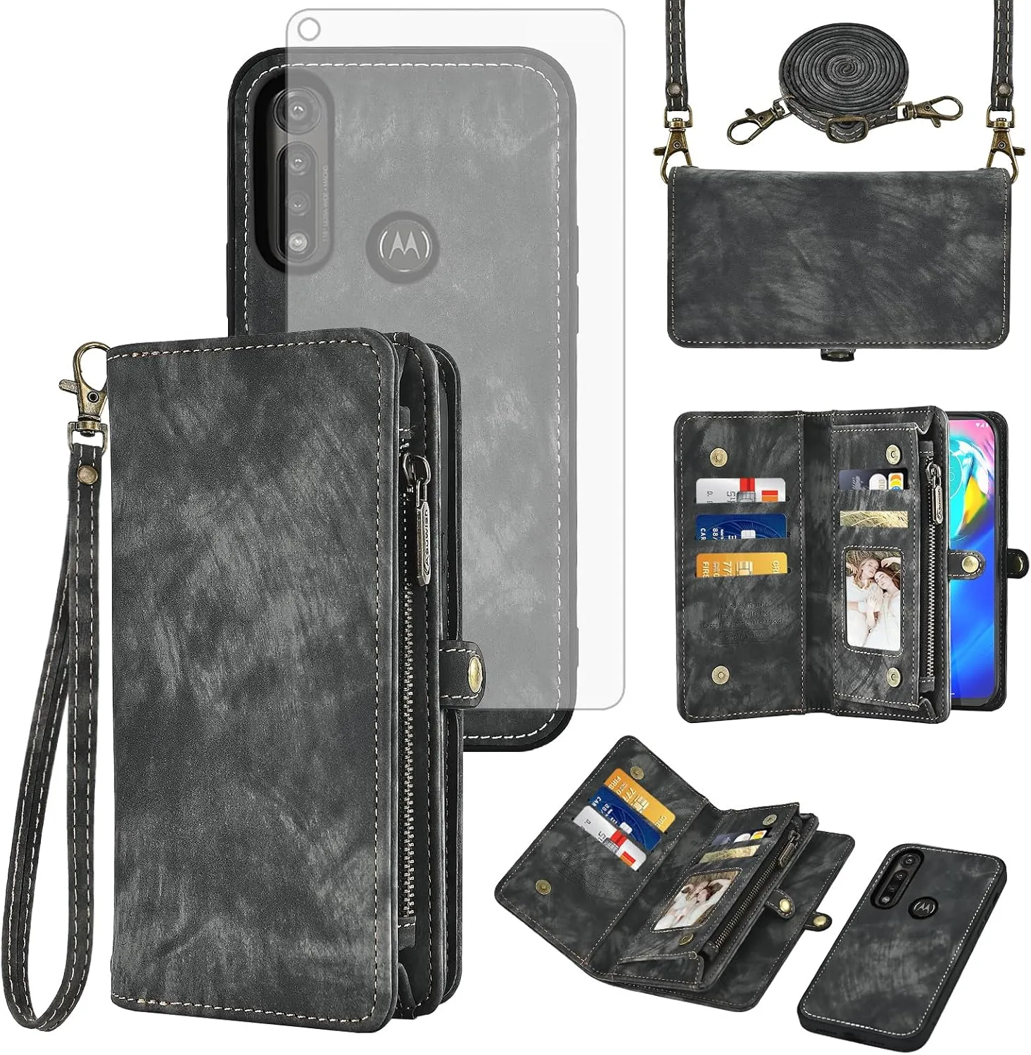 Asuwish Phone Case for Moto G Power 2020 Zipper Wallet Magnetic Detachable Cell Cover with Tempered Glass Screen Protector Crossbody Lanyard Strap Flip Card Holder Motorola GPower Women Girls Black