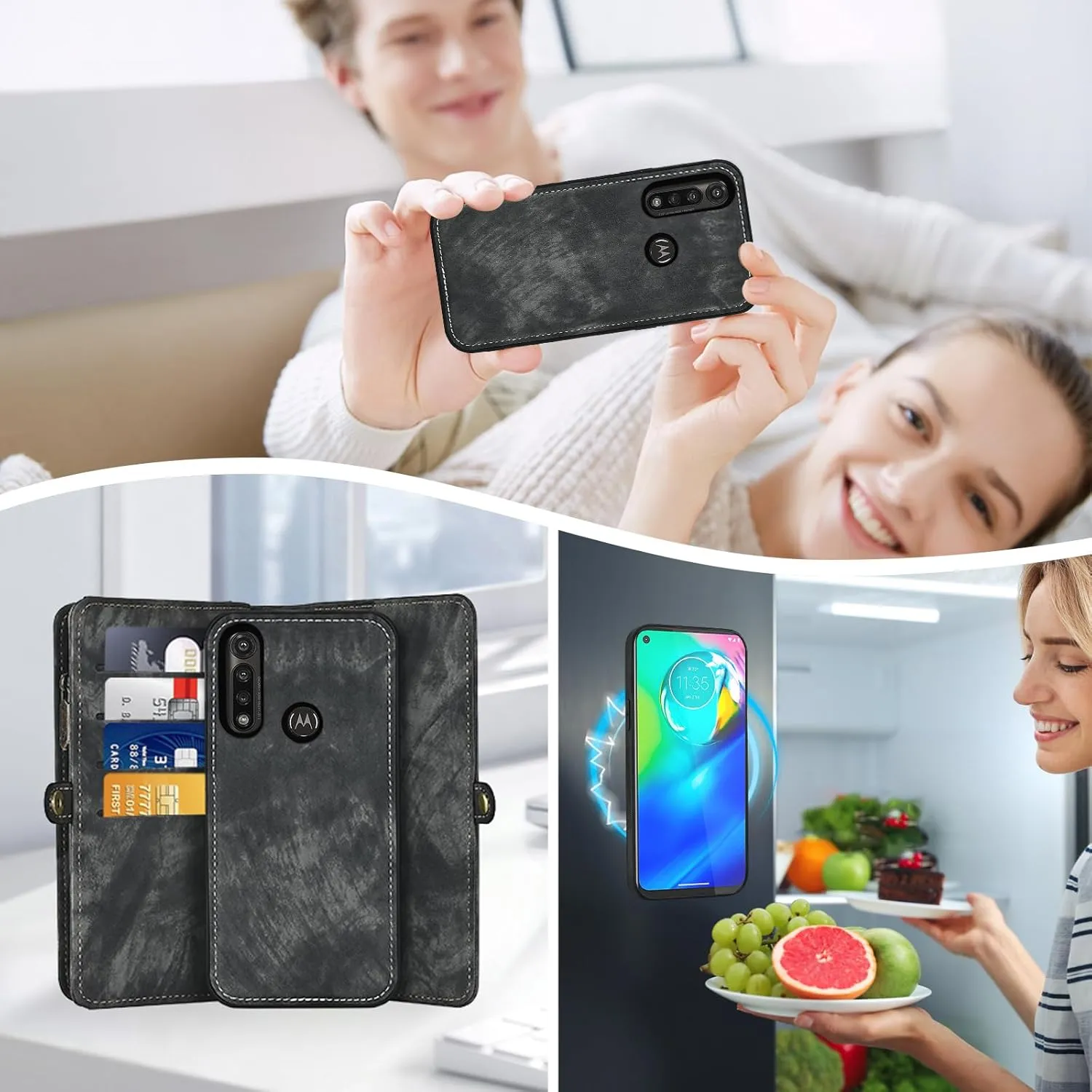 Asuwish Phone Case for Moto G Power 2020 Zipper Wallet Magnetic Detachable Cell Cover with Tempered Glass Screen Protector Crossbody Lanyard Strap Flip Card Holder Motorola GPower Women Girls Black